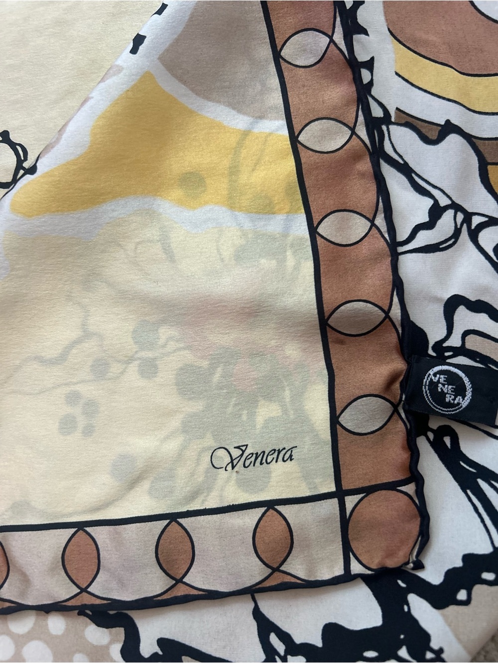 Luxury 100% Silk Square Scarf Floral Geometric Mixed Print Tan Yellow - Picture 4 of 7